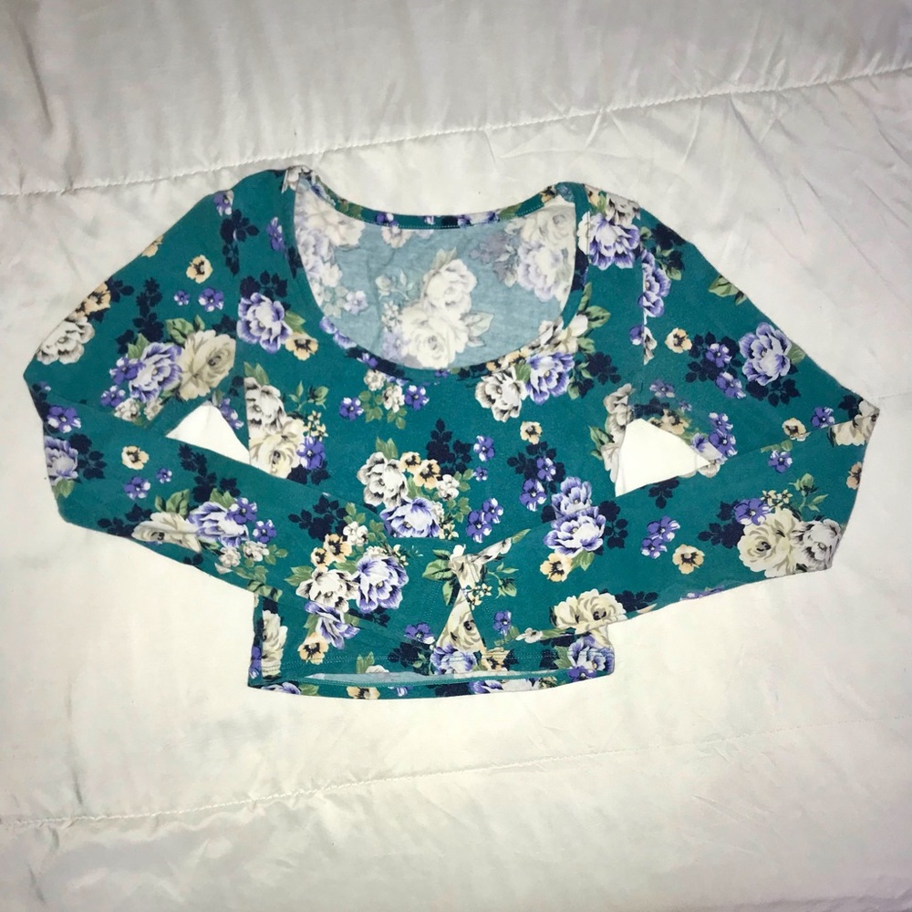 Teal Floral Long Sleeve Crop Top